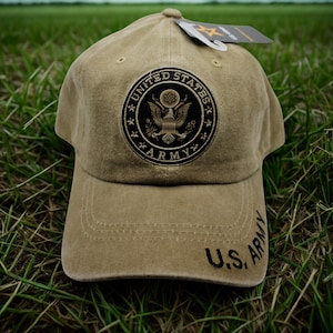 U.S. Army Hat – Brown Washed Cotton Adjustable Baseball Cap– Military Baseball Hat for Army Vets. Adjustable Cap. Gift for Dad. US Army Hat