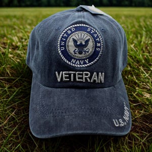 U.S. Navy Veteran Hat – Embroidered Blue Denim Cap – Military Baseball Hat for Navy Vets. Patriotic Adjustable Cap. Gift for Dad. Navy Cap