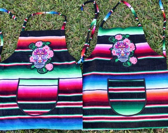 Black Skull Mexican Sarape 1 Apron 1 Mandil. (colors may vary) Mandil Unisex Mexican Sarape 1 Apron Mexican loteria. Mandil de Craneo Negro