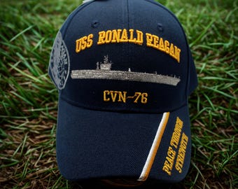 USS Ronald Reagan CVN-76 marineblauwe pet. Hoed vliegdekschip. CVN-76 marineblauwe pet. Geborduurde Uss Ronald Reagan-hoed. Marineblauwe hoed. Cvn-76 hoed. Marineblauwe pet