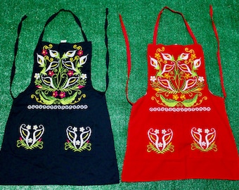 Embroidered Mexican Apron. Floral Apron with 2 Pockets. Adjustable Kitchen Apron Tulip and Daisy Apron. Flower Washable Apron Red or Black