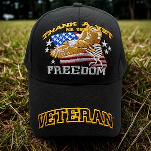 Veteran Freedom Hat – Bald Eagle & American Flag Embroidery. U.S. Veteran Hat – Military Baseball Hat for Vets. Patriotic Adjustable Cap