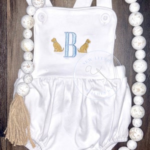 Bebé niño perro bordado traje de sol burbuja / traje de verano de playa / regalo de niño pequeño / regalo para 1 año de edad niño de 2 años / monograma inicial