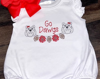 Bulldogs go dawgs bubble baby girl toddler gift outfit cute romper embroidery monogram personalized UGA Georgia flutter sleeve romper