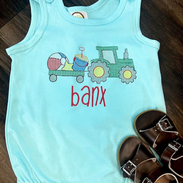 Baby boy bubble / beach tractor personalized embroidered / summer sun bubble sunsuit / toddler boy outfit / name bubble / gift for boy