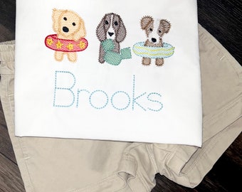 Baby boy dog beach summer / monogram tshirt / toddler boy shirt personalized embroidered outfit bubble romper