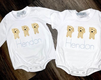 Boys golden retriever trio bubble tshirt lab embroidery monogram personalized toddler baby sibling match long sleeve short sleeve bubble