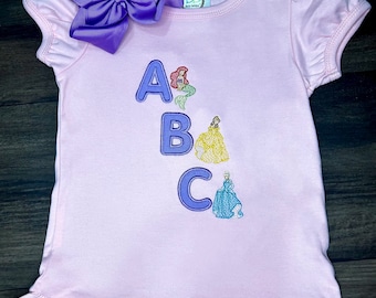 Girls back to school princess ABC shirt ruffle tee alphabet princesses toddler preschool prek kingergarten applique embroidered embroidery