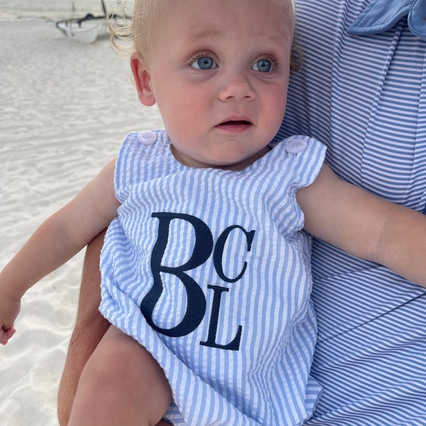 Baby boy seersucker bubble block monogram embroidery initials Summer outfit personalized blue navy toddler