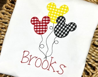 Camiseta con globos de ratón para niños / Camiseta con monograma con nombre aplicado / Camisa para niño pequeño, traje bordado personalizado, mono de burbuja para vacaciones