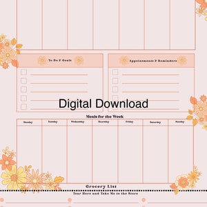 All-in-One Weekly Calendar and Meal Planner with Grocery List Retro Floral Digital Download