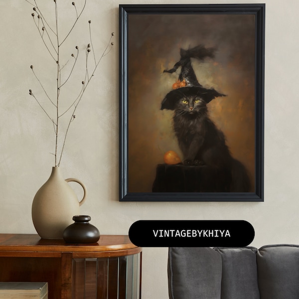 Mystical Halloween Black Cat in Witch's Hat| Hand-Painted Halloween Artwork| Black Cat Painting|