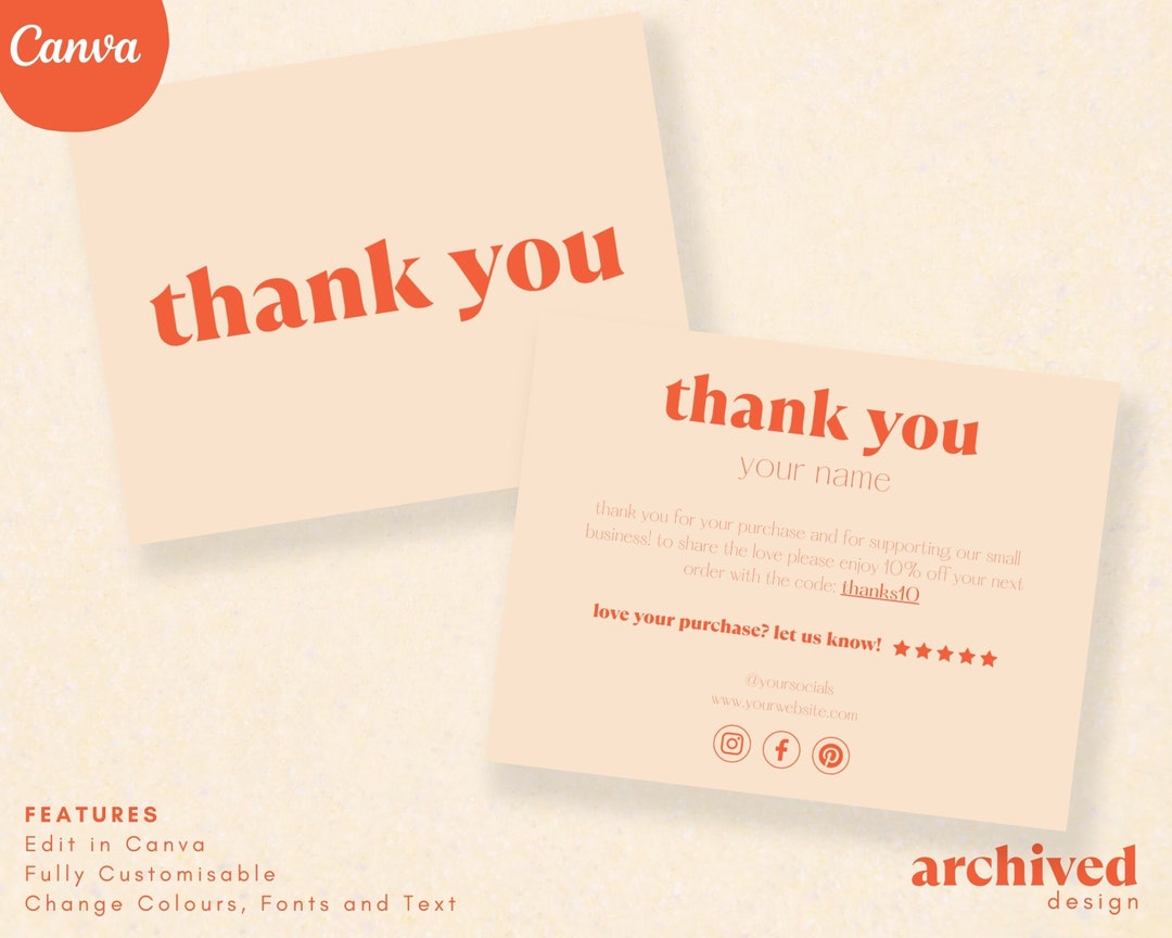 Thank You Card Template Editable Canva Template Small Business Package ...