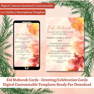 Eid Mubarak Card Template: Watercolor Design, Printable 5x7 (Digital Download)