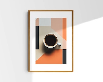 Könnte beinhalten: Ein gerahmter Druck mit einem geometrischen Design in Orange-, Beige- und Schwarztönen. Eine weiße Kaffeetasse mit schwarzem Kaffee steht auf der orangefarbenen geometrischen Form.