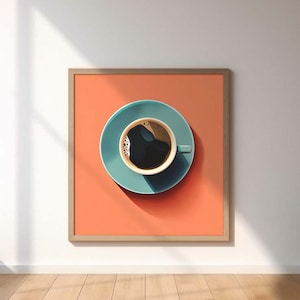 Pode incluir: Uma ilustração emoldurada de uma xícara de café em um pires. A xícara e o pires são azul turquesa e o café é preto. O fundo é de cor laranja brilhante.