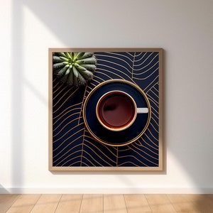 Navy & Gold Kaktus und Kaffee DRUCKBARE KUNST mit Muster. Digitale Wandkunst. Küchen Dekor. Post Modern Poster Art.