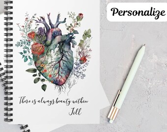 Anatomiczny Kwiat Serca Anatomia Spiral Notebook (Linia liniowana), Personalizowany notatnik, Prezenty dla pracowników, Badge Buddy, Prezenty dla pracowników