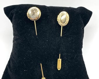 Vintage Gold Tone Embossed Locket Stick Hat Tie Lapel Pins Lot of 2
