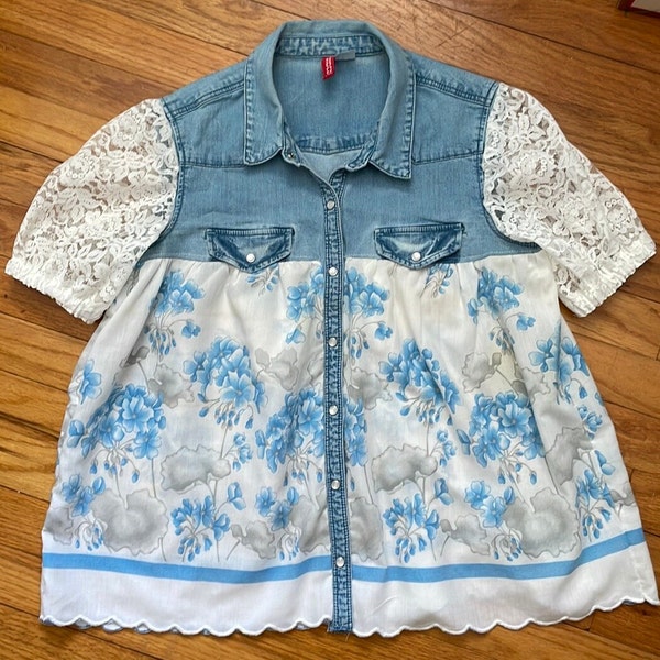 Upcycled Refashioned Vintage Cotton Tablecloth & Woman's Denim Shirt Top Blouse Lace Sleeves Size 6 Cottagecore Grandma Core Hand Crafted