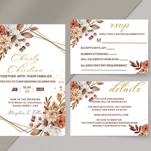 Herbst Aquarell Blumen Hochzeit Einladung Bundle, Save The Date, Hochzeit RSVP, Detailkarte, Hochzeit bearbeitbare Vorlage, Sofortiger Download