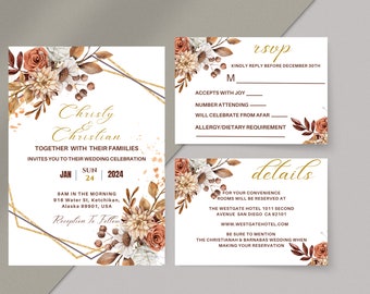 Autumn Watercolor Flowers Wedding Invitation Bundle, Save The Date, Wedding RSVP, Details Card, Wedding Editable Template, Instant Download