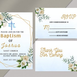 Tarjeta de invitación de bautismo floral lindo azul, tarjeta de invitación de bautismo de bebé, tarjeta de agradecimiento, plantilla editable, imprimible, descarga instantánea