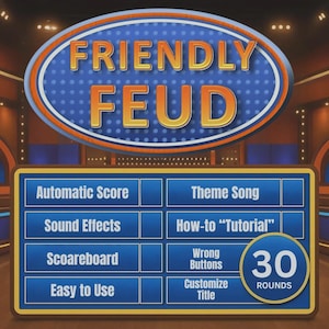 以下が含まれることがあります： オレンジと黄色の「FRIENDLY FEUD」の文字が入ったゲームショーをテーマにしたグラフィック。下には、「Automatic Score」や「30 ROUNDS」などの機能がリストされた青いパネルがあります。背景はステージのデザインです。