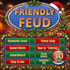 May include: A festive digital game interface for "Friendly Feud" with a Christmas theme. The game board features options like "Automatic Score" and "Theme Song." A Santa hat adorns the top, and a Christmas tree is in the background. The game includes 30 rounds.