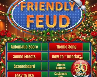 May include: A festive digital game interface for "Friendly Feud" with a Christmas theme. The game board features options like "Automatic Score" and "Theme Song." A Santa hat adorns the top, and a Christmas tree is in the background. The game includes 30 rounds.