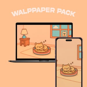 Kawaii Sleeping Cat Wallpaper – Cute Pastel Desktop & Mobile Background | Cozy Cartoon Cat Illustration Digital Download