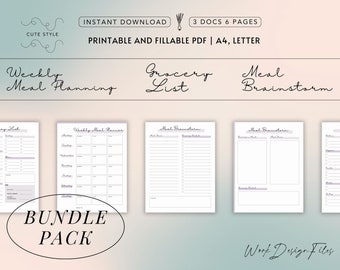 Meal Planning Cute Bundle | Meal Planner, Grocery List, Meal Brainstorm PDF | Complete Meal Prep Organization Set | Printable A4 Letter