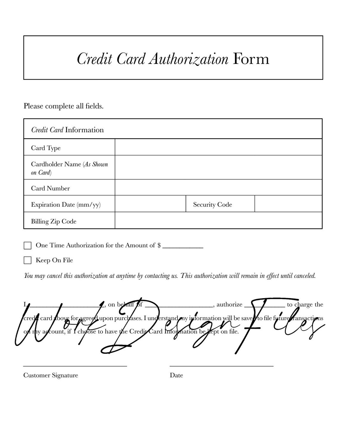 Credit Card Authorization Form - A4 - Letter Size - Printable PDF ...