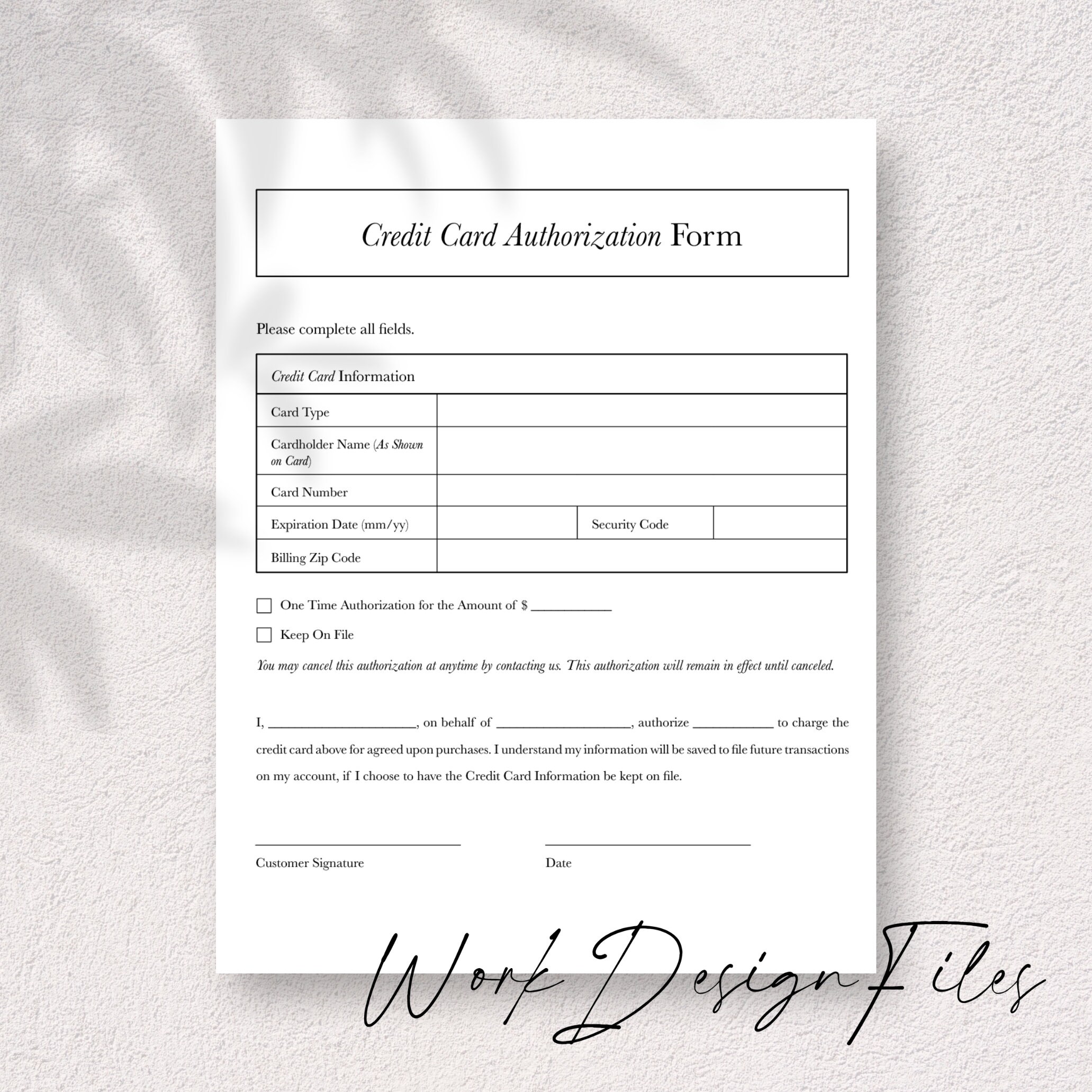 Credit Card Authorization Form - A4 - Letter Size - Printable PDF ...