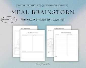 Meal Brainstorm Printable PDF | Minimalist Meal Planning Worksheet | Creative Recipe Ideas & Grocery Prep | Instant Download A4 Letter Sized