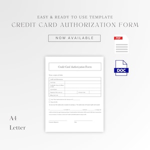 Formulario de autorización de tarjeta de crédito - A4 - Tamaño carta - PDF imprimible - Documento de Word - Diseño mínimo - Plantilla digital