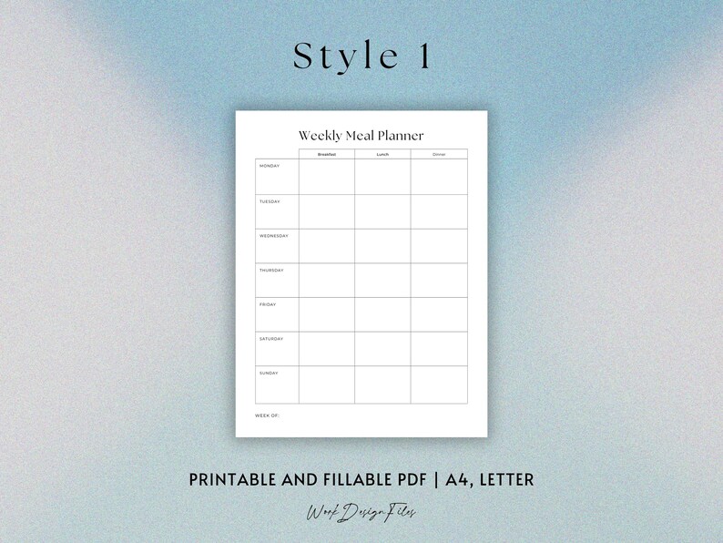 May include: A printable weekly meal planner template with a simple design. The template has columns for breakfast, lunch, and dinner, and rows for each day of the week. The text "Weekly Meal Planner" is at the top of the page, and the text "Week Of" is at the bottom of the page.