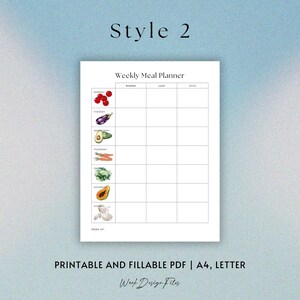 May include: A printable weekly meal planner with a simple design. The planner has a column for each day of the week and a row for breakfast, lunch, and dinner. The planner is decorated with small illustrations of fruits and vegetables.