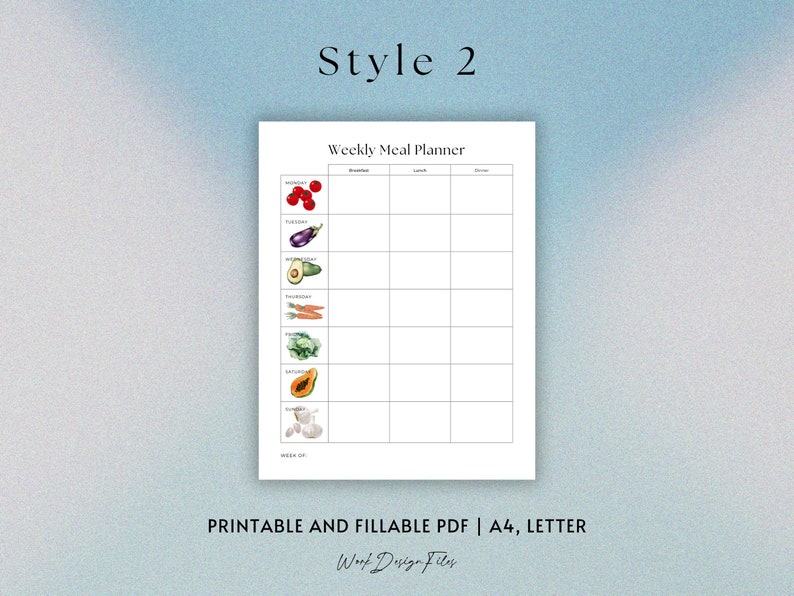 May include: A printable weekly meal planner with a simple design. The planner has a column for each day of the week and a row for breakfast, lunch, and dinner. The planner is decorated with small illustrations of fruits and vegetables.