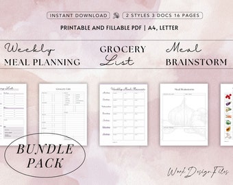 Meal Planning Bundle 2 Sets | Minimal Cute Meal Planner Grocery List Meal Brainstorm PDF | Complete Meal Prep Organization Set | A4 Letter