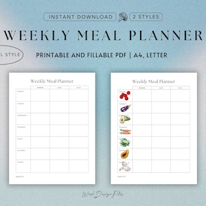 Wekelijkse maaltijdplanner pdf | Minimalistische afdrukbare sjabloon voor maaltijdplanning | Wekelijkse maaltijden en boodschappenlijst organiseren | A4-brief direct downloaden