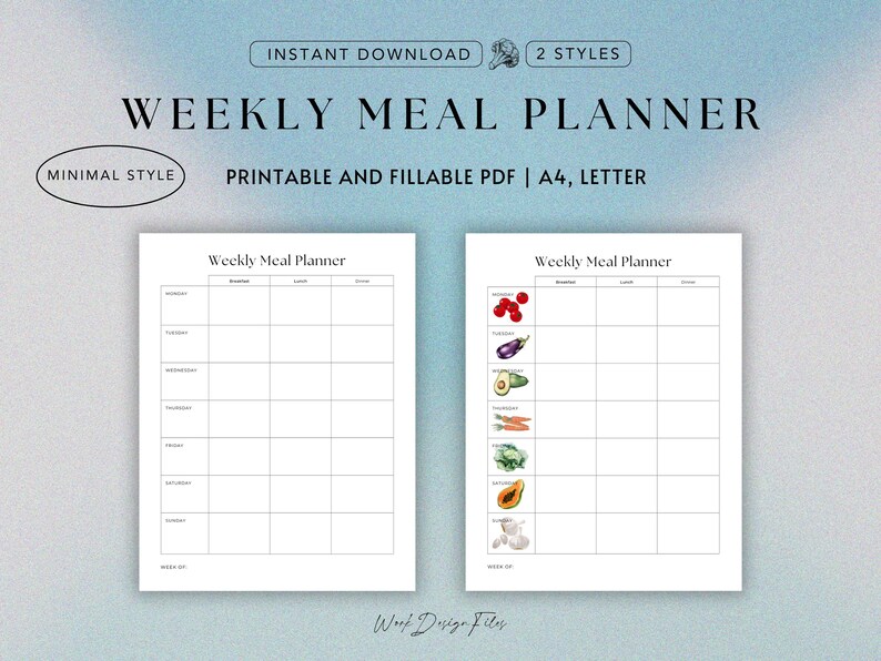 May include: Two printable weekly meal planner templates in black and white. The left template is minimal and the right template features a column of colorful vegetables. Both templates are labeled "Weekly Meal Planner" and include columns for breakfast, lunch, and dinner.