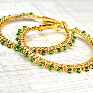 Green and Gold Beaded Gold Hoop Earrings with Lever Back Closures. Boxed for Gifting Too!