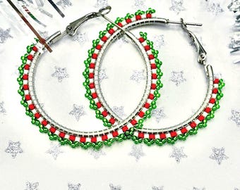 Christmas Beaded Hoop Earrings: Red, Green, and White - Silver Stainless Steel