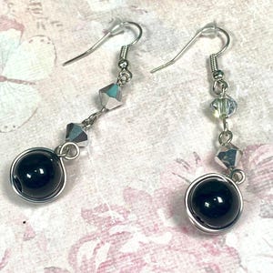 Charming Black Glass and Silver Crystal Beaded Dangle Earrings. Comes Boxed.