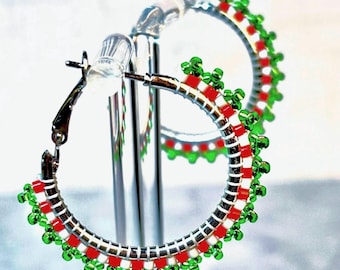 Christmas Beaded Silver Hoop Earrings with a Snap Back Closure. Red, Green, and White Beads on Silver Hoops. Boxed for gifting too!