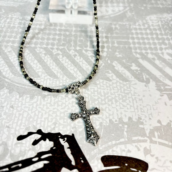 Rhinestone Cross Pendant Bead Necklace.  Antiqued Silver Cross with Bling. Black, Gunmetal, Silver, and Gold Beads. Comes Boxed.