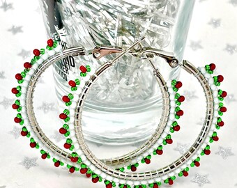 Christmas Hoop Earrings: In Beads of Red, Green, and White - Silver Stainless Steel