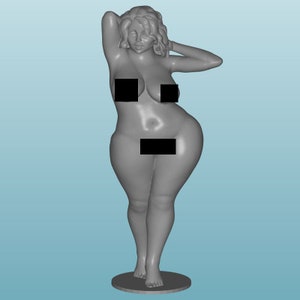 May include: A gray, 3D-printed sculpture of a nude female figure. The figure is standing with one arm raised and the other behind her head. The sculpture is on a circular base and set against a light blue background.
