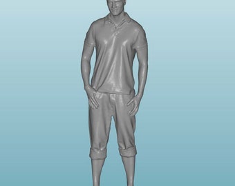 May include: A gray 3D printed figurine of a person wearing a collared shirt and shorts. The person is standing with their hands in their pockets.